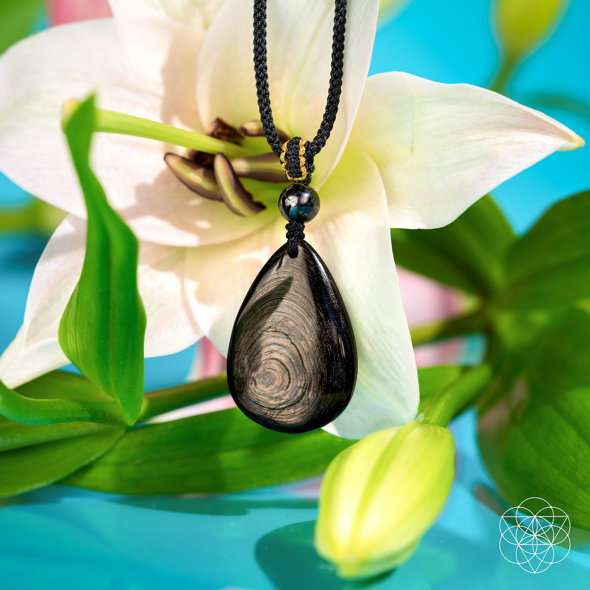 The Hypersthene Millionaire Manifestation Pendant by Conscious Items—a powerful wealth stone—hangs on a cord necklace, showcased before a white lily and green leaves against a bright blue background.