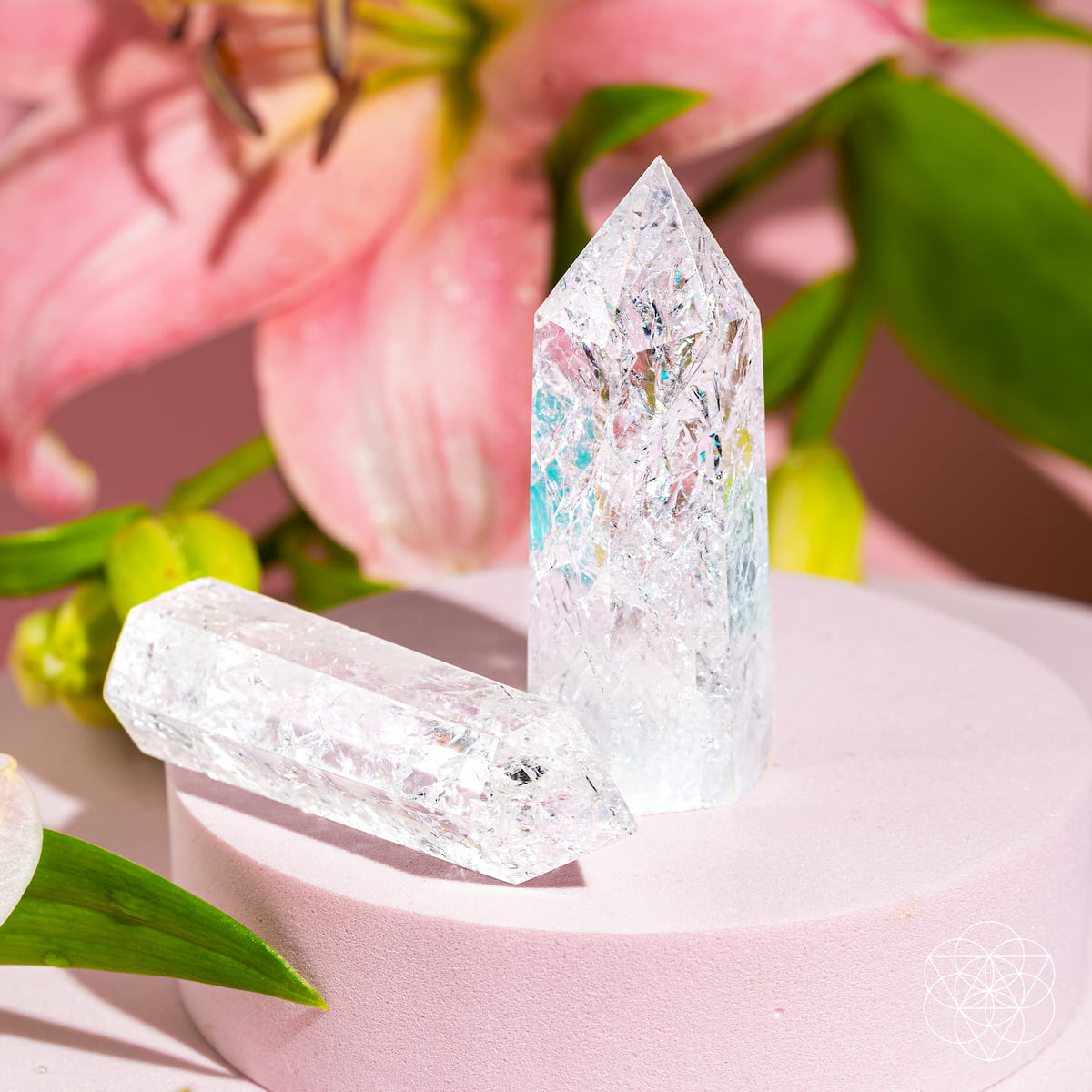 The Limitless Manifestation - Ice Quartz Point by Conscious Items features two crystal points on a light pink stand, accented by a pink lily and green leaves. Bright lighting highlights their clarity, making them powerful manifestation tools for any space.