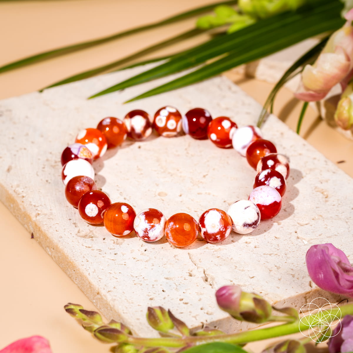 The Feminine Force – Carnelian Orca Agate Bracelet by Conscious Items, featuring glossy red and white marbled stones, rests on a rectangular stone slab surrounded by green leaves and pink flowers against a beige background.