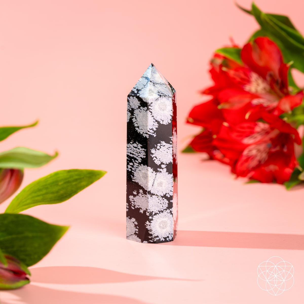 The Spiritual Bodyguard - Snowflake Obsidian Point by Conscious Items stands upright on a pink surface among green leaves and red flowers, embodying balance and stability, with a white geometric logo at the bottom right.
