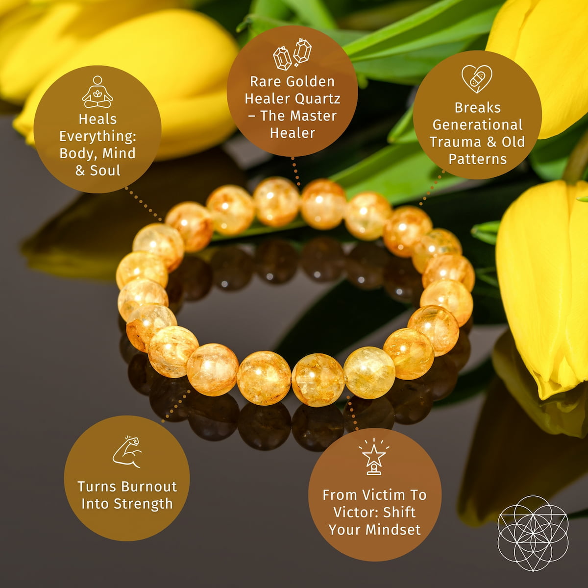 The Master Reset – Golden Healer Quartz Bracelet by Conscious Items is shown on a dark surface with yellow tulips. Text bubbles highlight its benefits: burnout relief, mindset shift, trauma release, and master healing properties.