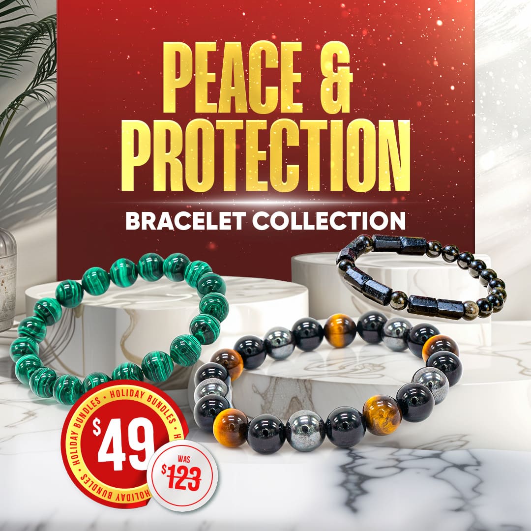 Three gemstone bracelets from Conscious Items’ Peace & Protection Bracelet Collection are shown on marble, with a holiday bundle price of $49 (was $123) displayed in a red badge.