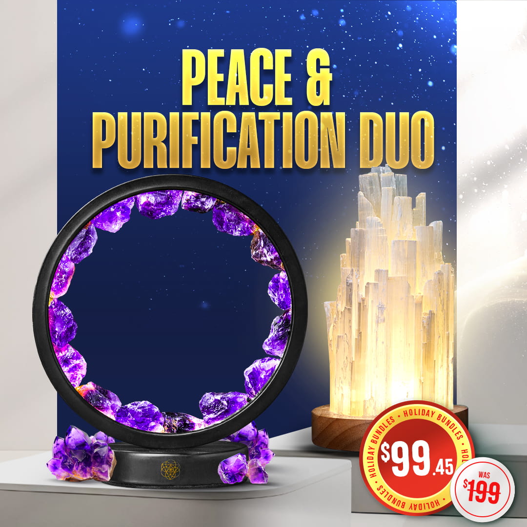 A glowing amethyst lamp ring and a tall, lit selenite cluster from Conscious Items’ Peace & Purification Duo sit side by side. Bold yellow text above reads the set name. Price tags show $99.45, marked down from $199.