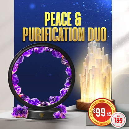 A glowing amethyst lamp ring and a tall, lit selenite cluster from Conscious Items’ Peace & Purification Duo sit side by side. Bold yellow text above reads the set name. Price tags show $99.45, marked down from $199.