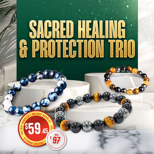 The Sacred Healing & Protection Trio by Conscious Items features three gemstone beaded bracelets, including a protection bracelet. Displayed with marble and green decor, this Black Friday exclusive is now $59.45 (was $97).