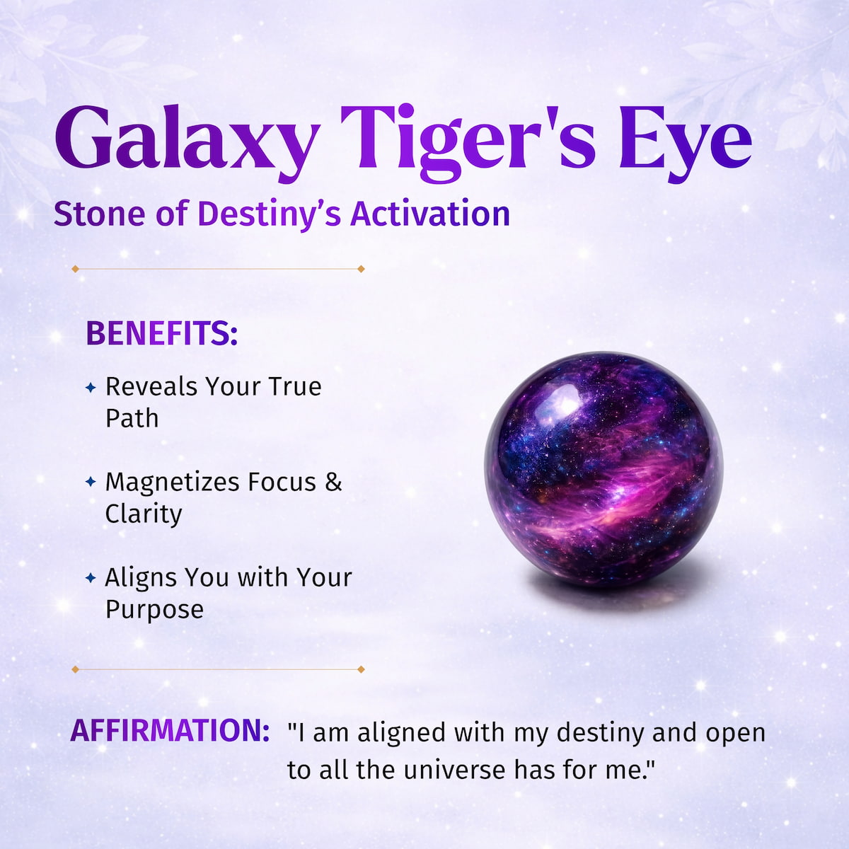 On a purple backdrop, the Destiny Activator - All-Galaxy Tiger’s Eye Bracelet | 6mm by Conscious Items is showcased. Text notes its benefits: unveil your true path, attract focus and clarity, align with destiny—plus an affirmation for your gemstone journey.