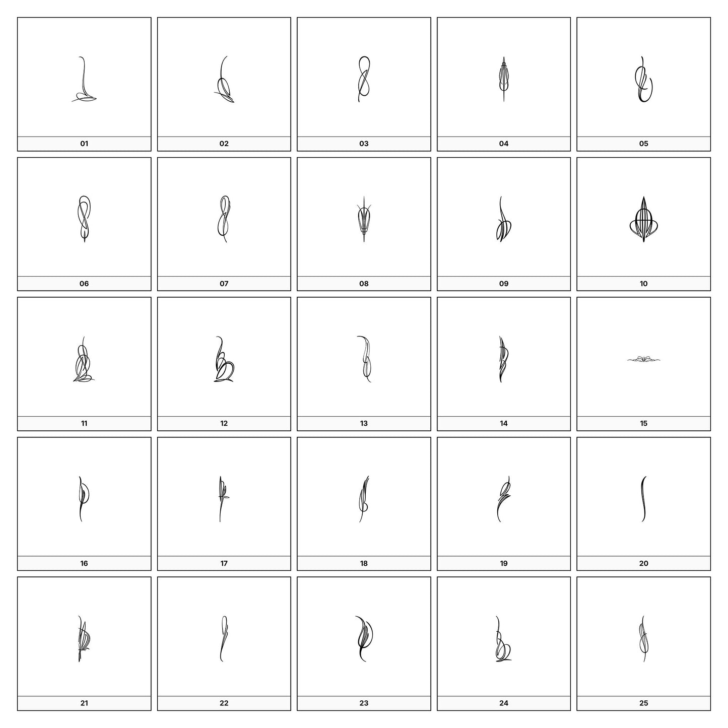 A collection of  intricate black and gray ornamental flourish designs, featuring swirling lines and curves, displayed on a white background in a grid formation.
