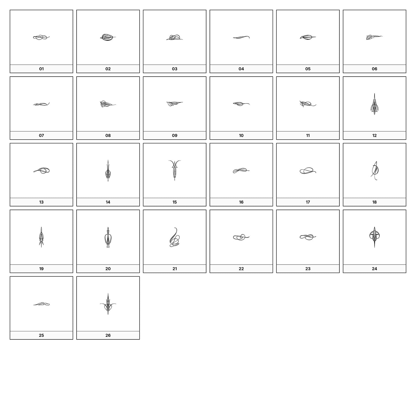 A collection of intricate black and gray ornamental flourish designs, featuring swirling lines and curves, displayed on a white background in a grid formation.