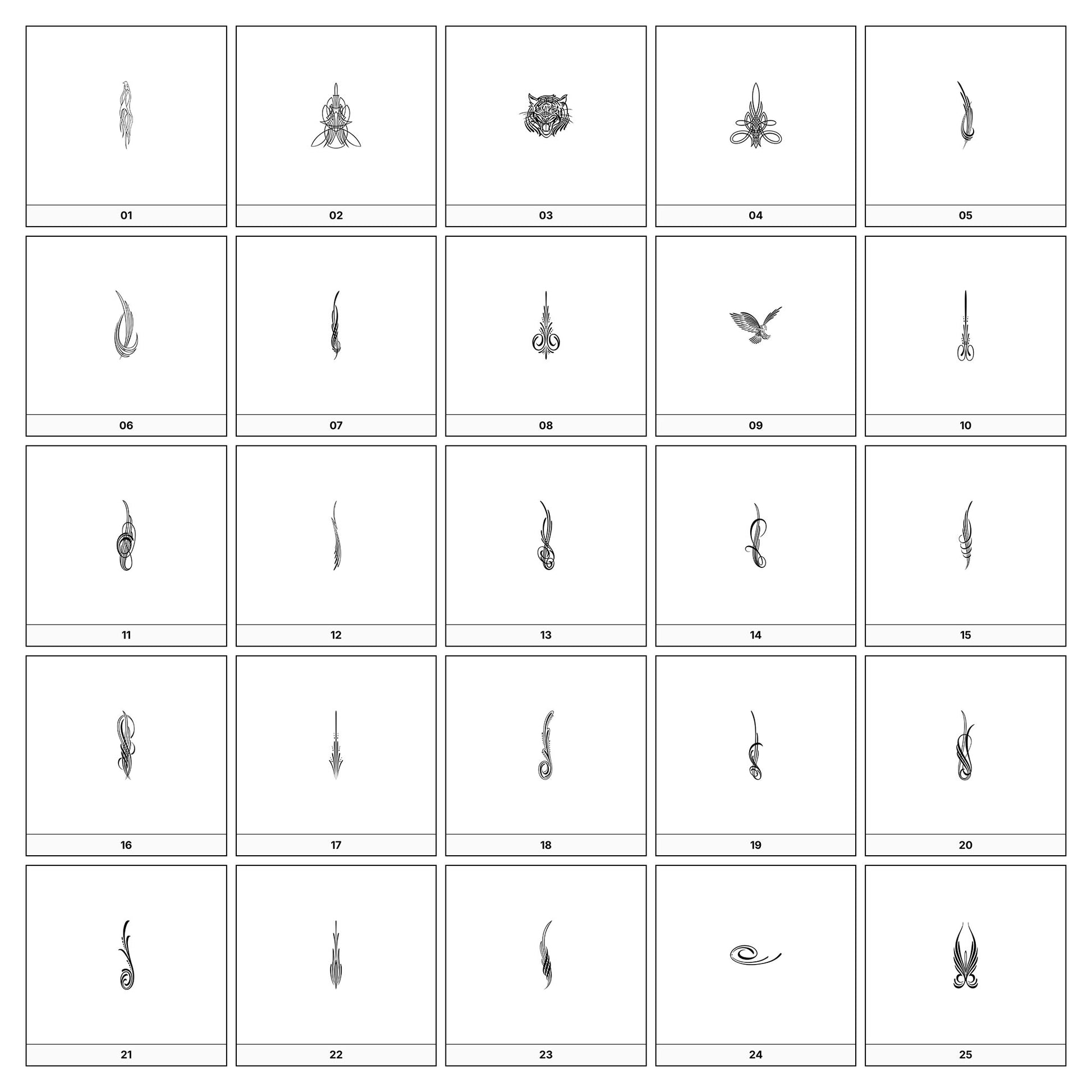 A collection of intricate black and gray ornamental flourish designs, featuring swirling lines and curves, displayed on a white background in a grid formation.