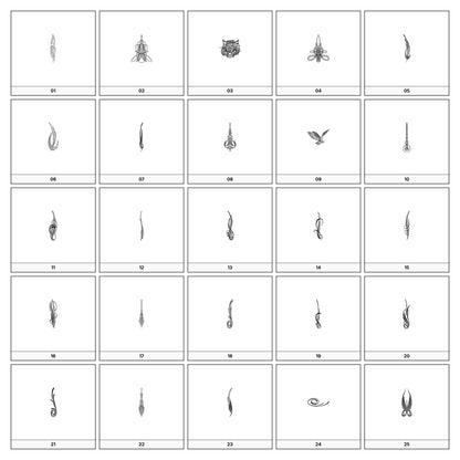 A collection of intricate black and gray ornamental flourish designs, featuring swirling lines and curves, displayed on a white background in a grid formation.