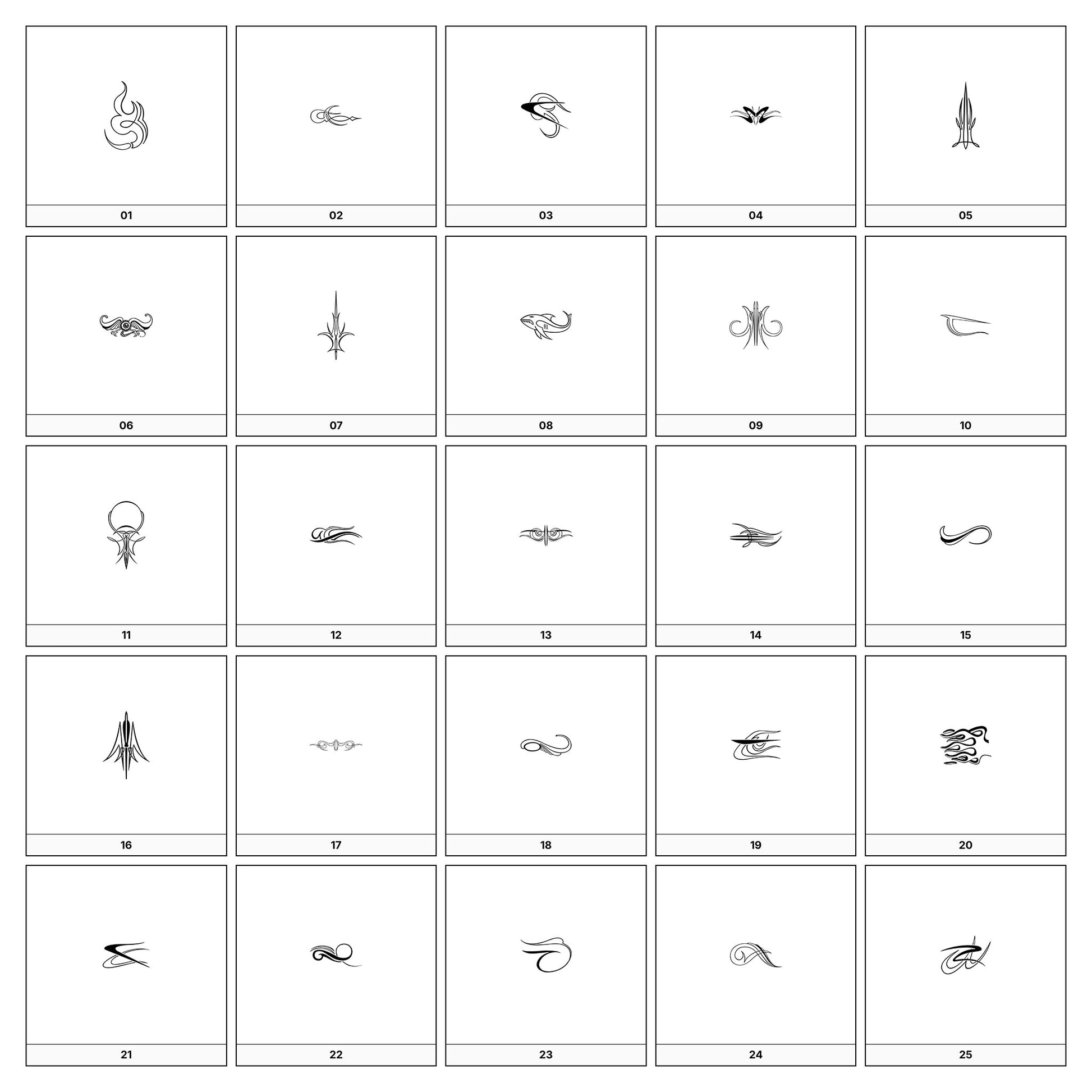 A collection of intricate black and gray ornamental flourish designs, featuring swirling lines and curves, displayed on a white background in a grid formation.