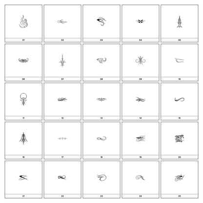 A collection of intricate black and gray ornamental flourish designs, featuring swirling lines and curves, displayed on a white background in a grid formation.