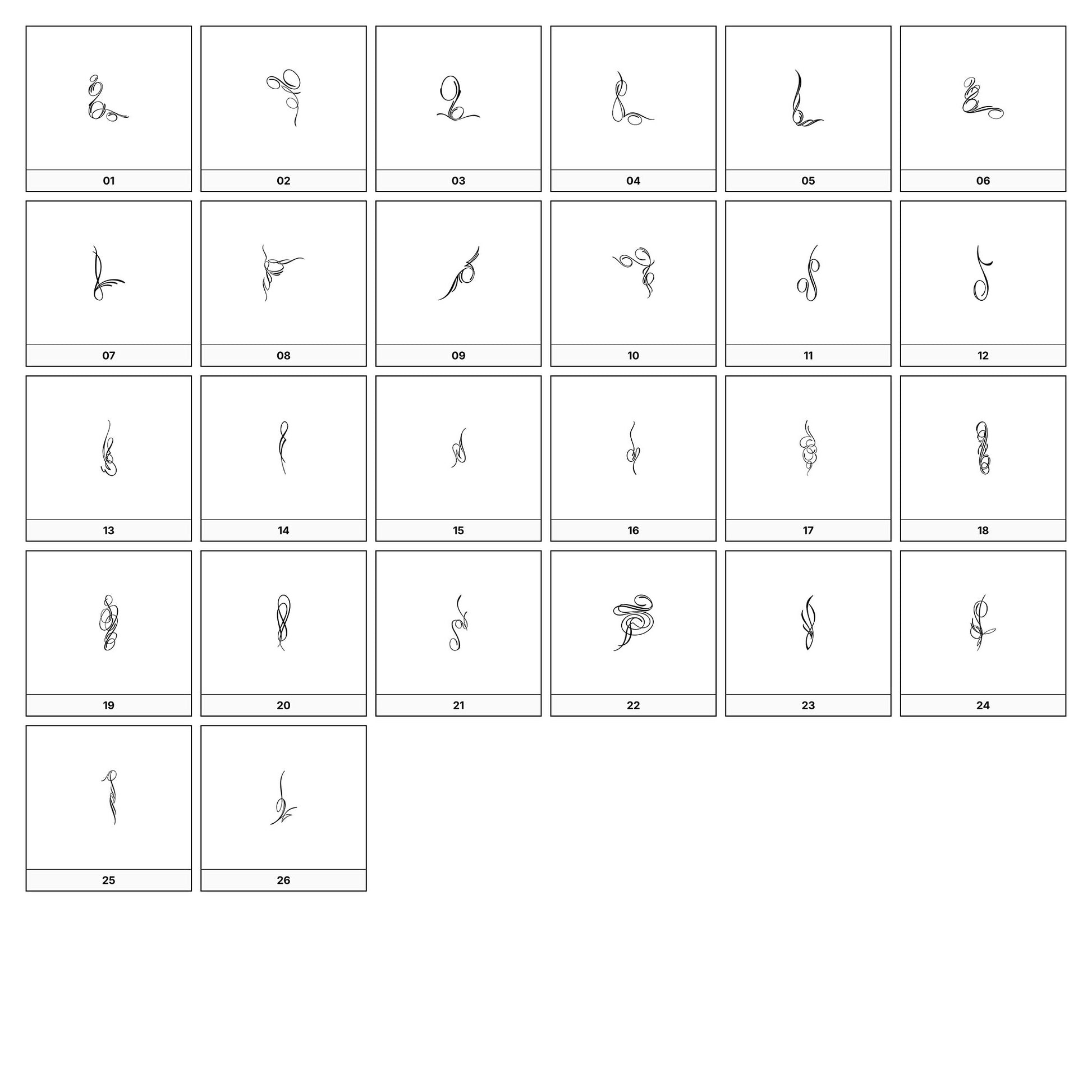 A collection of intricate black and gray ornamental flourish designs, featuring swirling lines and curves, displayed on a white background in a grid formation.