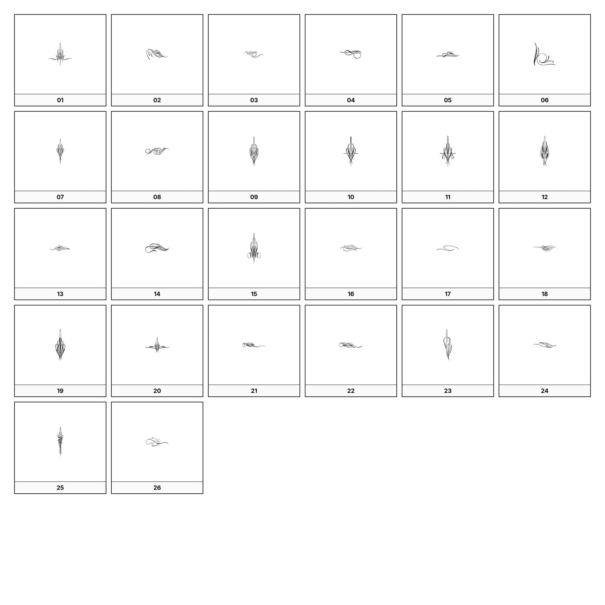A collection of intricate black and gray ornamental flourish designs, featuring swirling lines and curves, displayed on a white background in a grid formation.