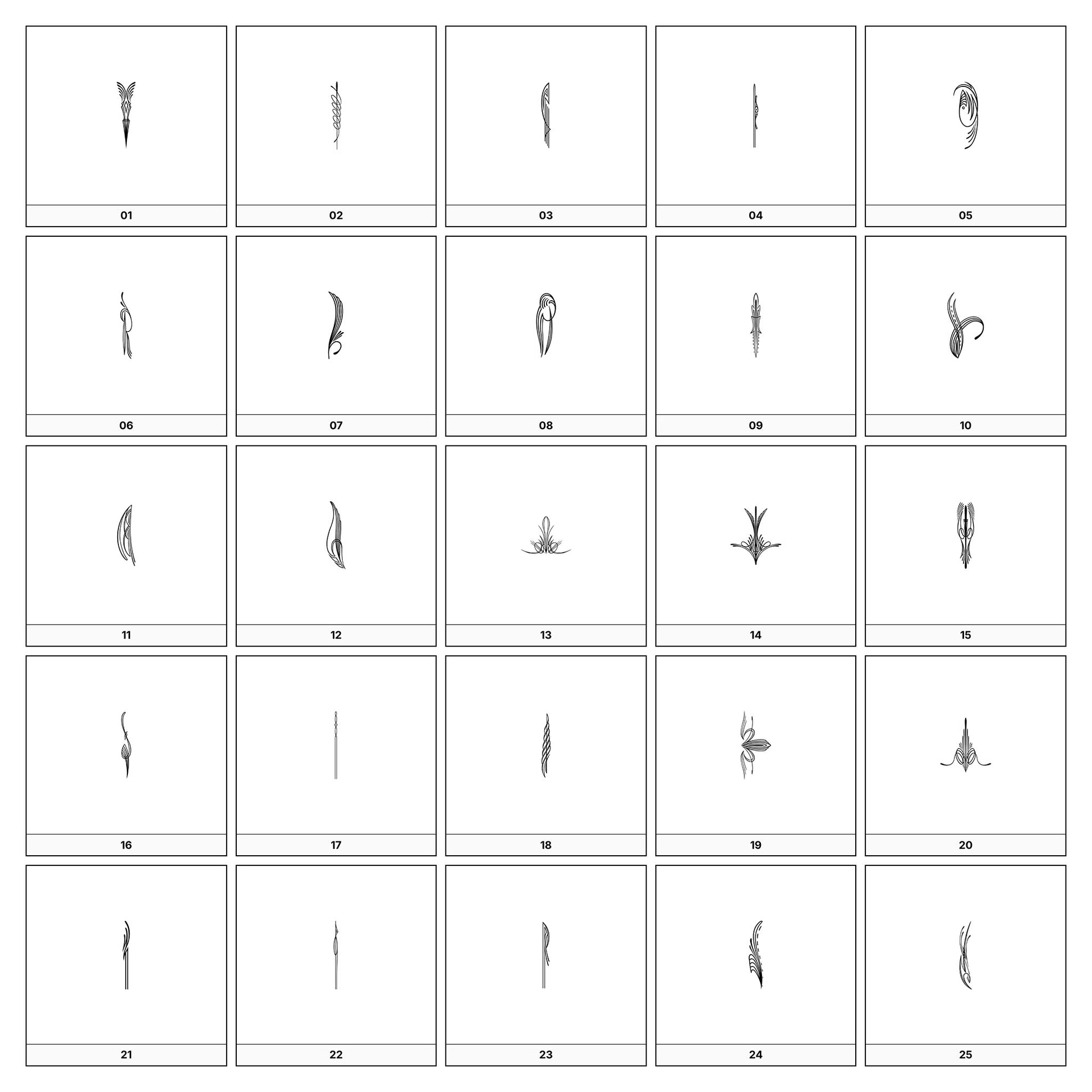 A collection of intricate black and gray ornamental flourish designs, featuring swirling lines and curves, displayed on a white background in a grid formation.