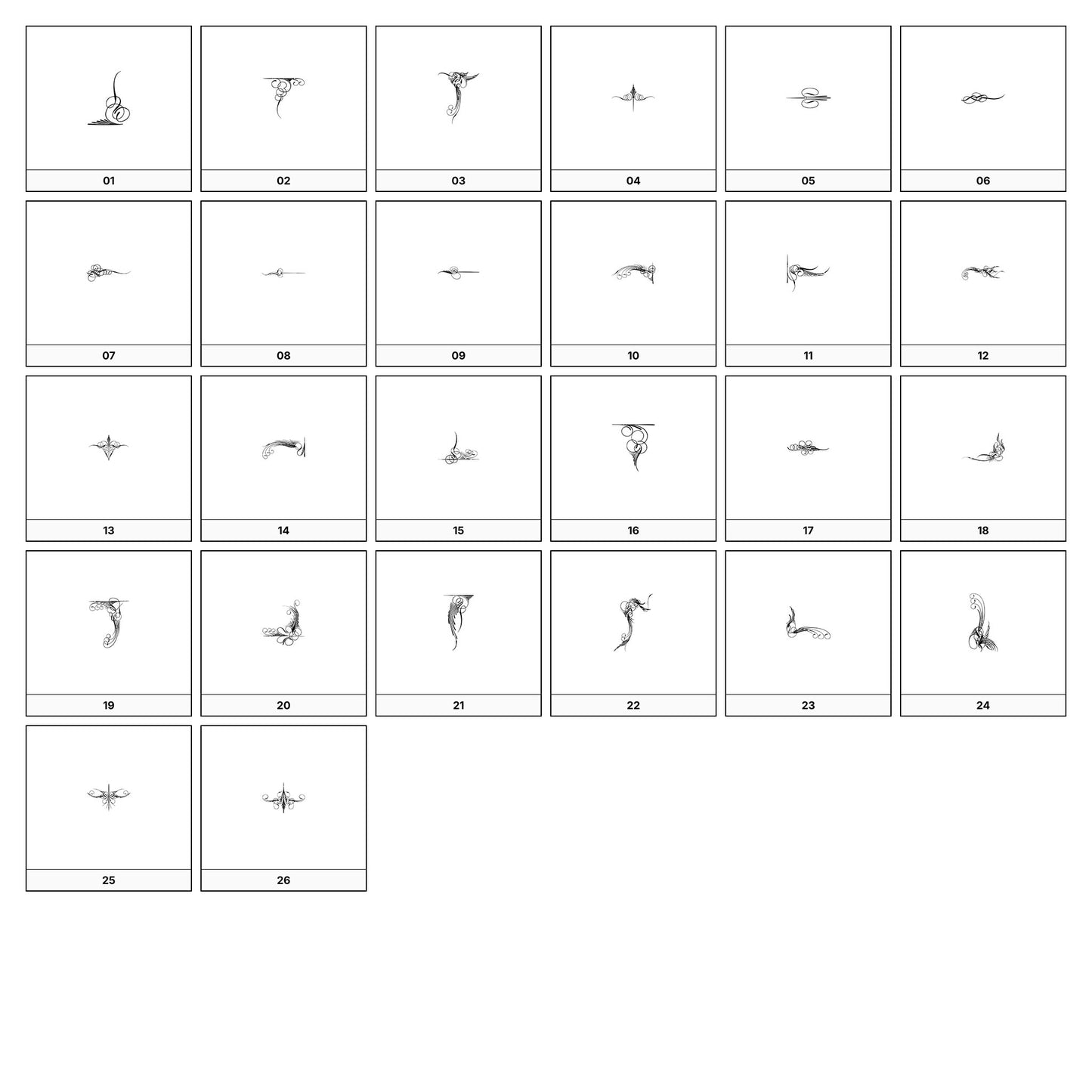 A collection of intricate black and gray ornamental flourish designs, featuring swirling lines and curves, displayed on a white background in a grid formation.