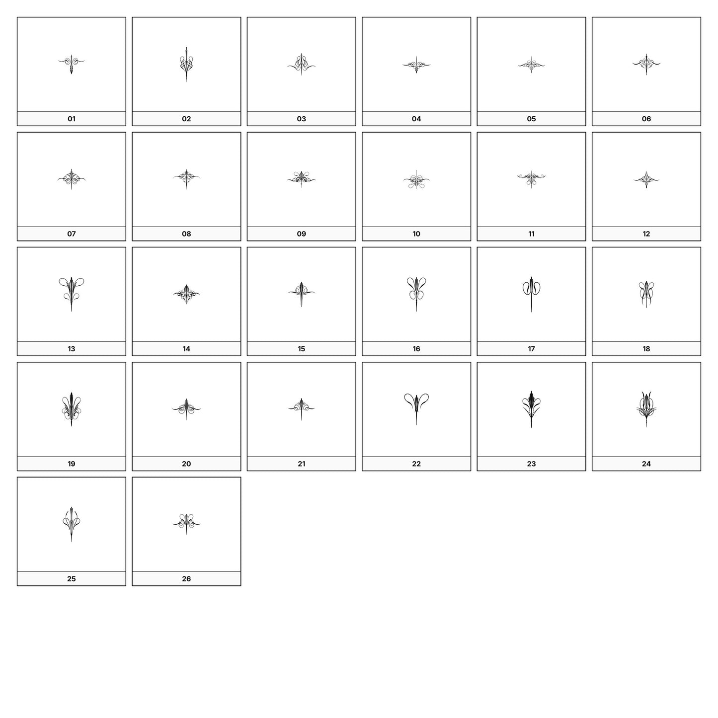 A collection of intricate black and gray ornamental flourish designs, featuring swirling lines and curves, displayed on a white background in a grid formation.