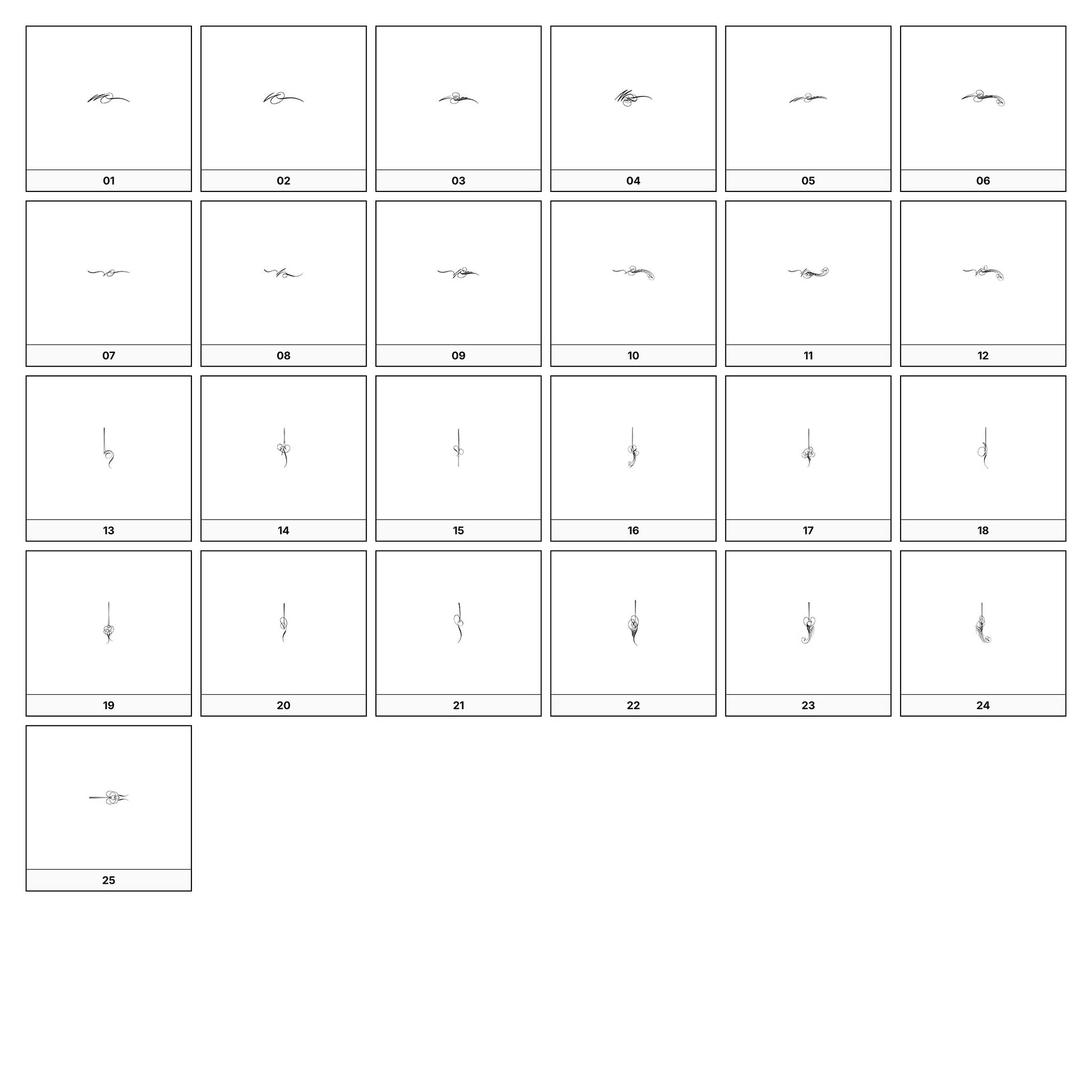 A collection of intricate black and gray ornamental flourish designs, featuring swirling lines and curves, displayed on a white background in a grid formation.