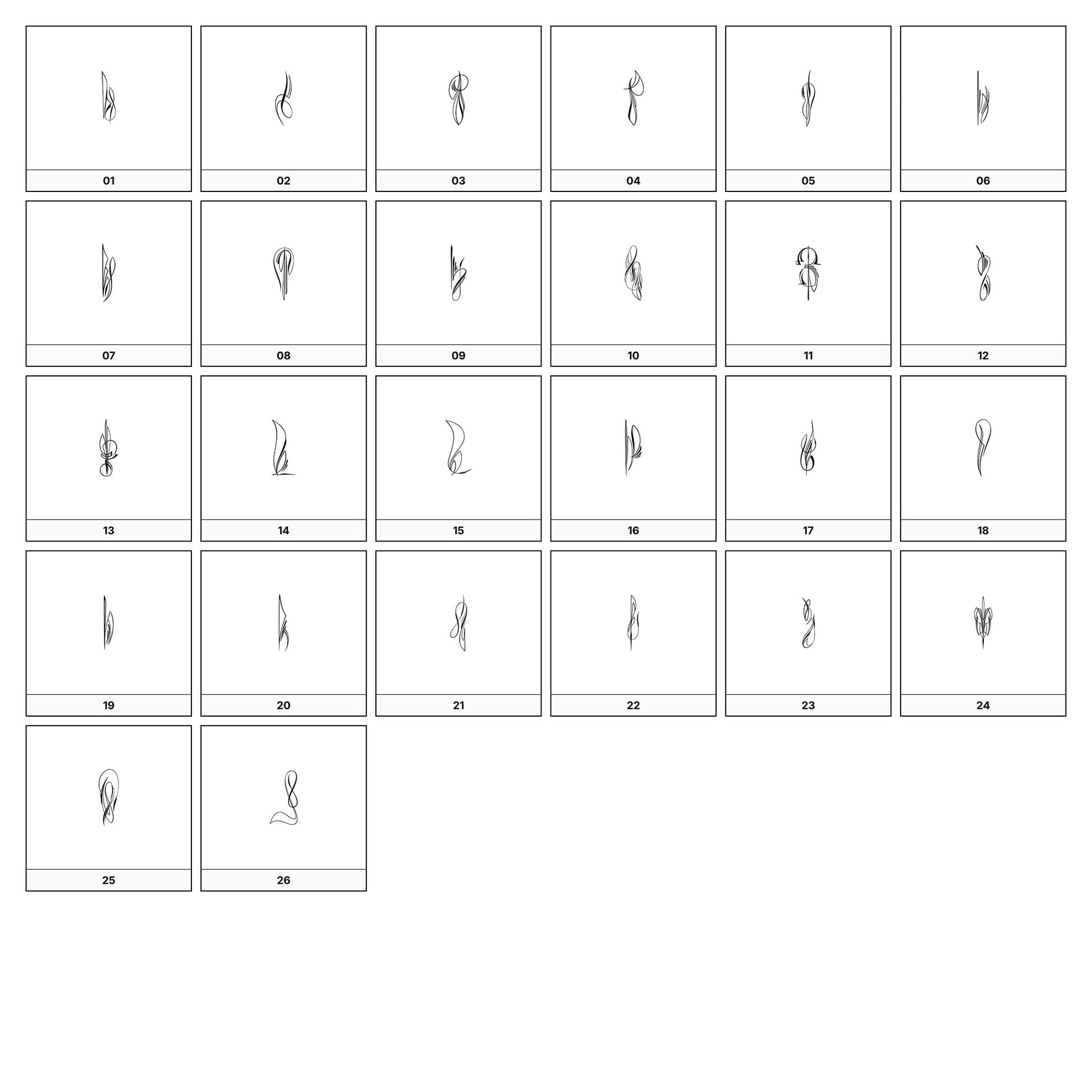 A collection of intricate black and gray ornamental flourish designs, featuring swirling lines and curves, displayed on a white background in a grid formation.