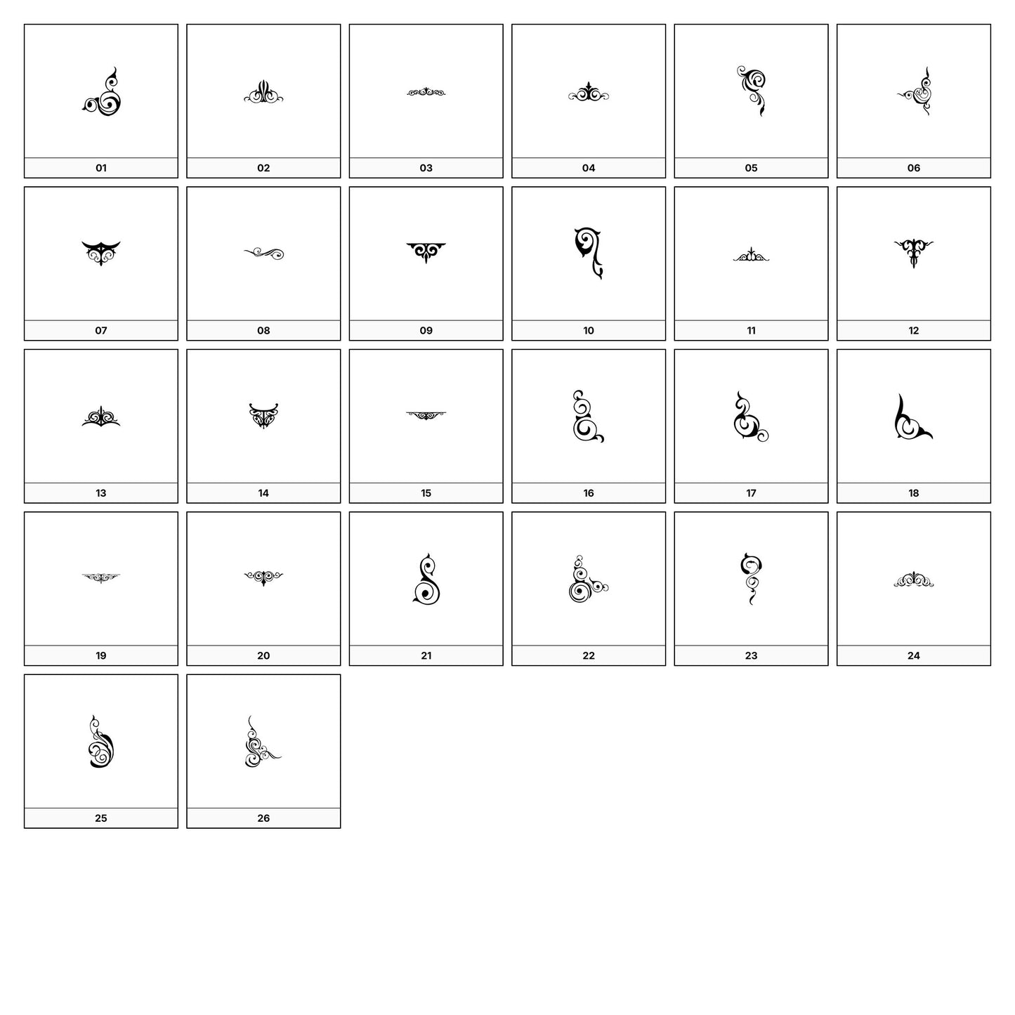A collection of intricate black and gray ornamental flourish designs, featuring swirling lines and curves, displayed on a white background in a grid formation.