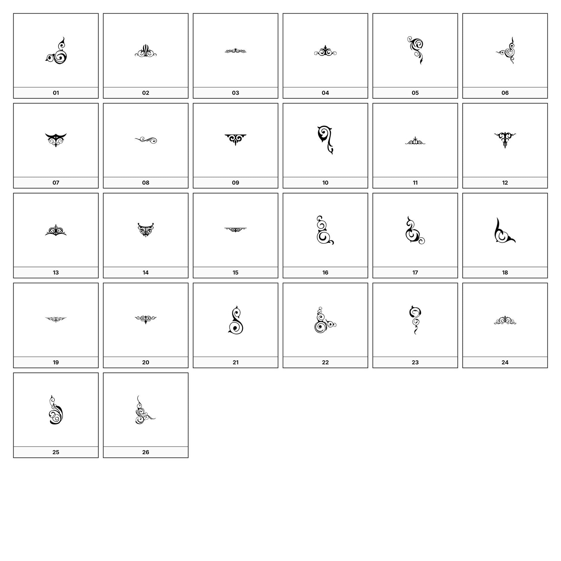 A collection of intricate black and gray ornamental flourish designs, featuring swirling lines and curves, displayed on a white background in a grid formation.
