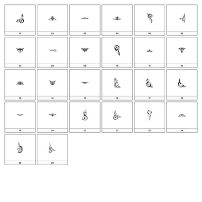 A collection of intricate black and gray ornamental flourish designs, featuring swirling lines and curves, displayed on a white background in a grid formation.