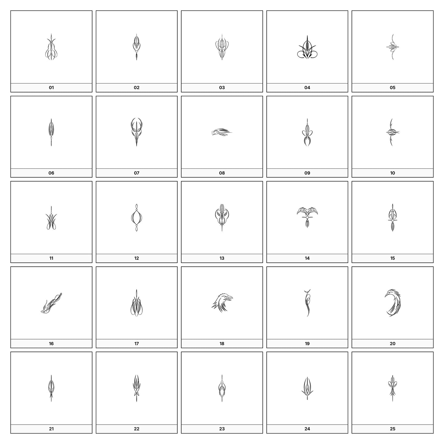 A collection of intricate black and gray ornamental flourish designs, featuring swirling lines and curves, displayed on a white background in a grid formation.