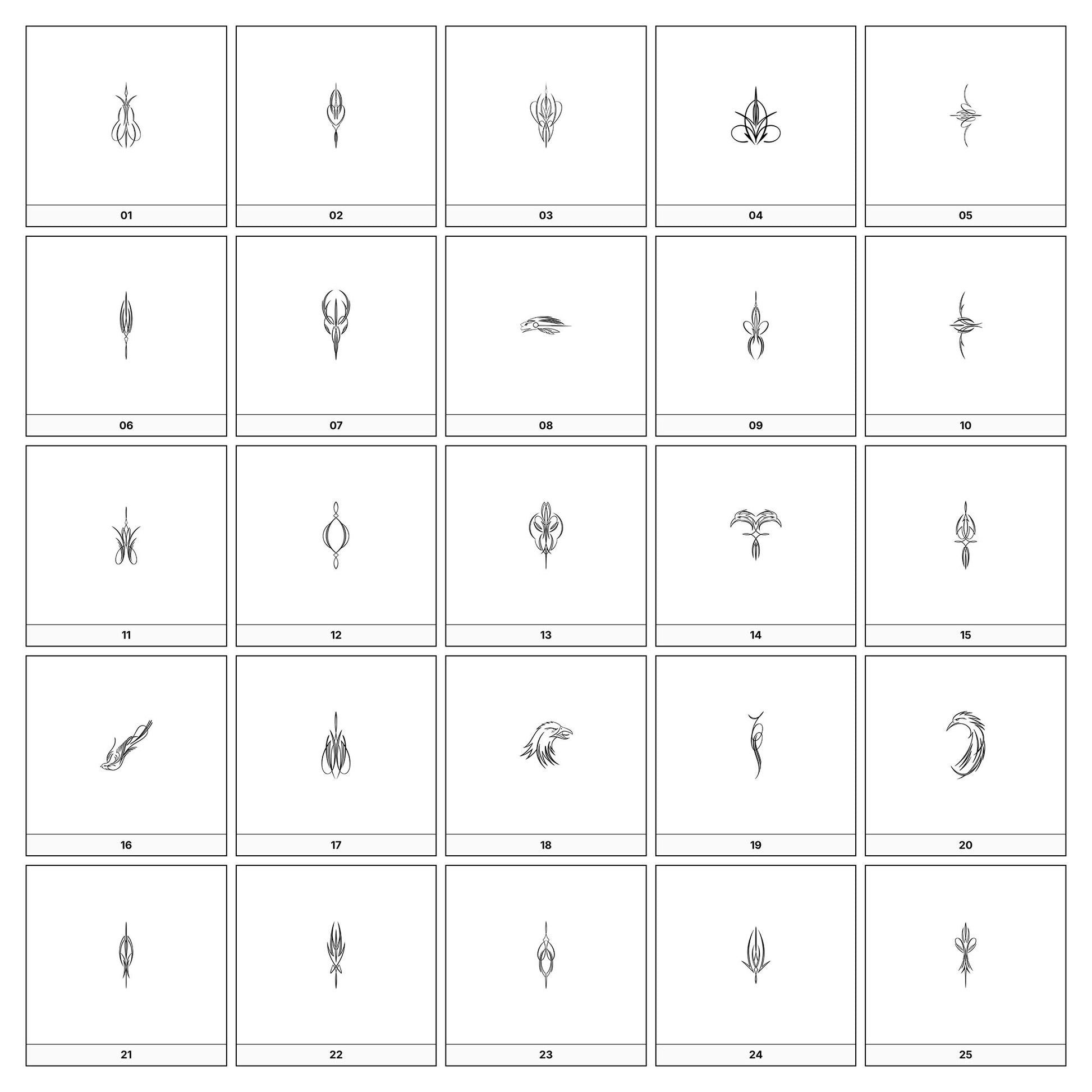 A collection of intricate black and gray ornamental flourish designs, featuring swirling lines and curves, displayed on a white background in a grid formation.