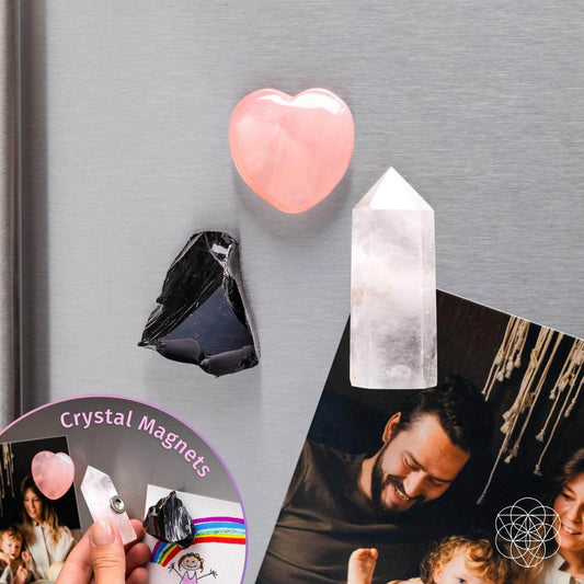 The Crystal Guardian Magnets - Trio of Peace & Protection by Conscious Items—featuring Rose Quartz, Black Obsidian, and Clear Quartz—hold a family photo on the fridge while an inset shows a hand placing a magnet.