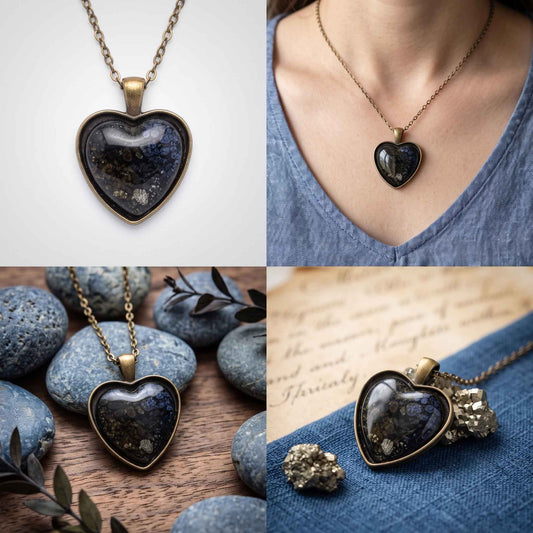 A four-panel collage showing a heart-shaped pendant necklace with a dark blue and black stone in an antique gold-toned bezel. The panels include a close-up on a white background, worn on a model's neck, resting on blue stones, and on blue fabric with a rock beside it.