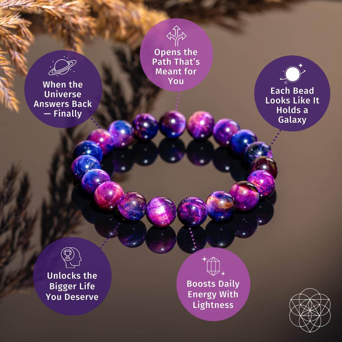 The Destiny Activator - All-Galaxy Tiger’s Eye Bracelet by Conscious Items features purple, pink, and blue marbled beads on display. Labeled bubbles highlight its cosmic destiny theme and energy-boosting powers. Blurred brown foliage accents the background.