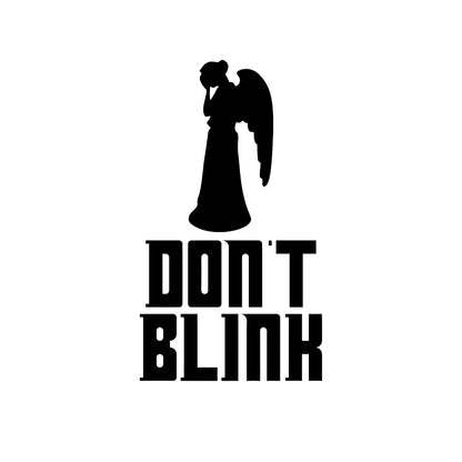 Silhouette of an weeping angel with 'Don't Blink' text on a white background