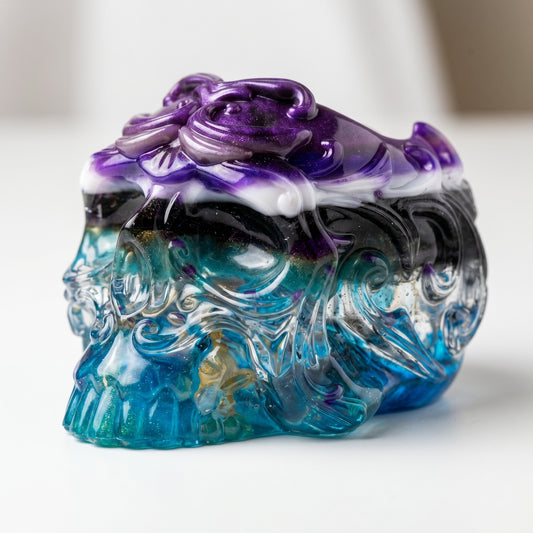 The Dragonsteins Monster Resin Skull by GorgeousDragon Designs LLC. features intricate swirling patterns in blue, green, black, and purple—a unique desk organizer made from recycled artisan resin.
