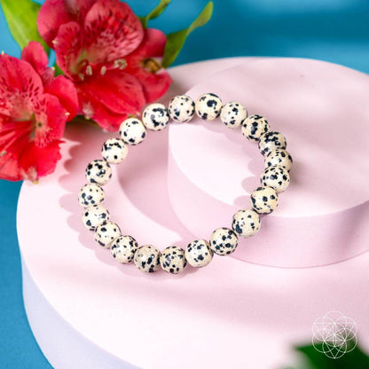 The Emotional Detox - Dalmatian Jasper Bracelet by Conscious Items rests on a pink platform with red flowers and green leaves over a blue surface—ideal for supporting emotional balance in your daily routine.