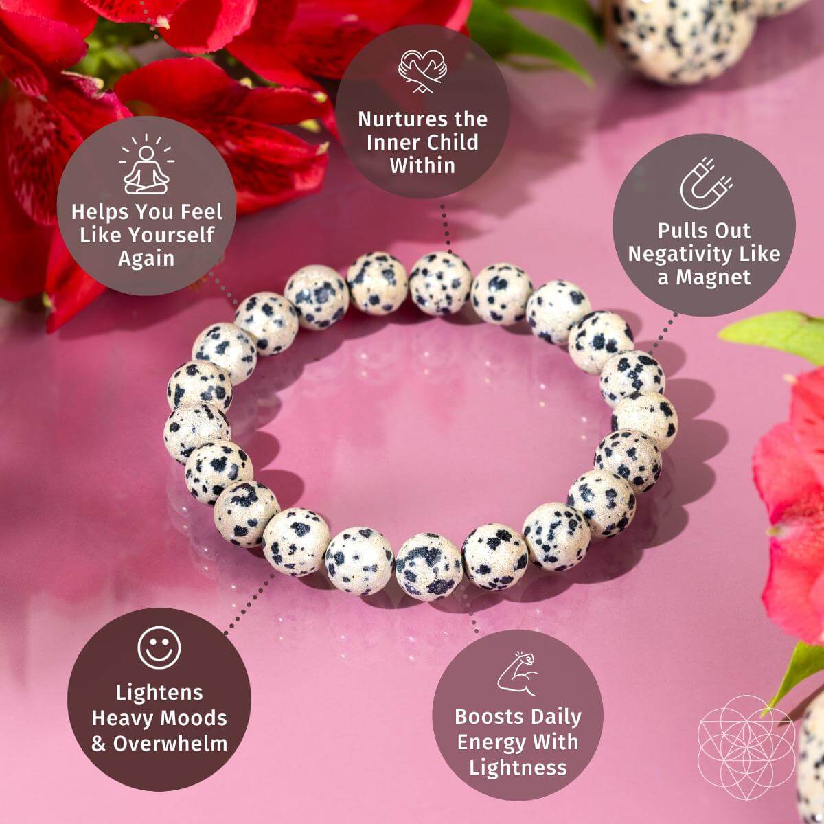 The Emotional Detox - Dalmatian Jasper Bracelet by Conscious Items rests on a pink surface with red flowers. Five circular callouts showcase benefits like mood lifting, energy cleansing, emotional balance, and nurturing your inner child.