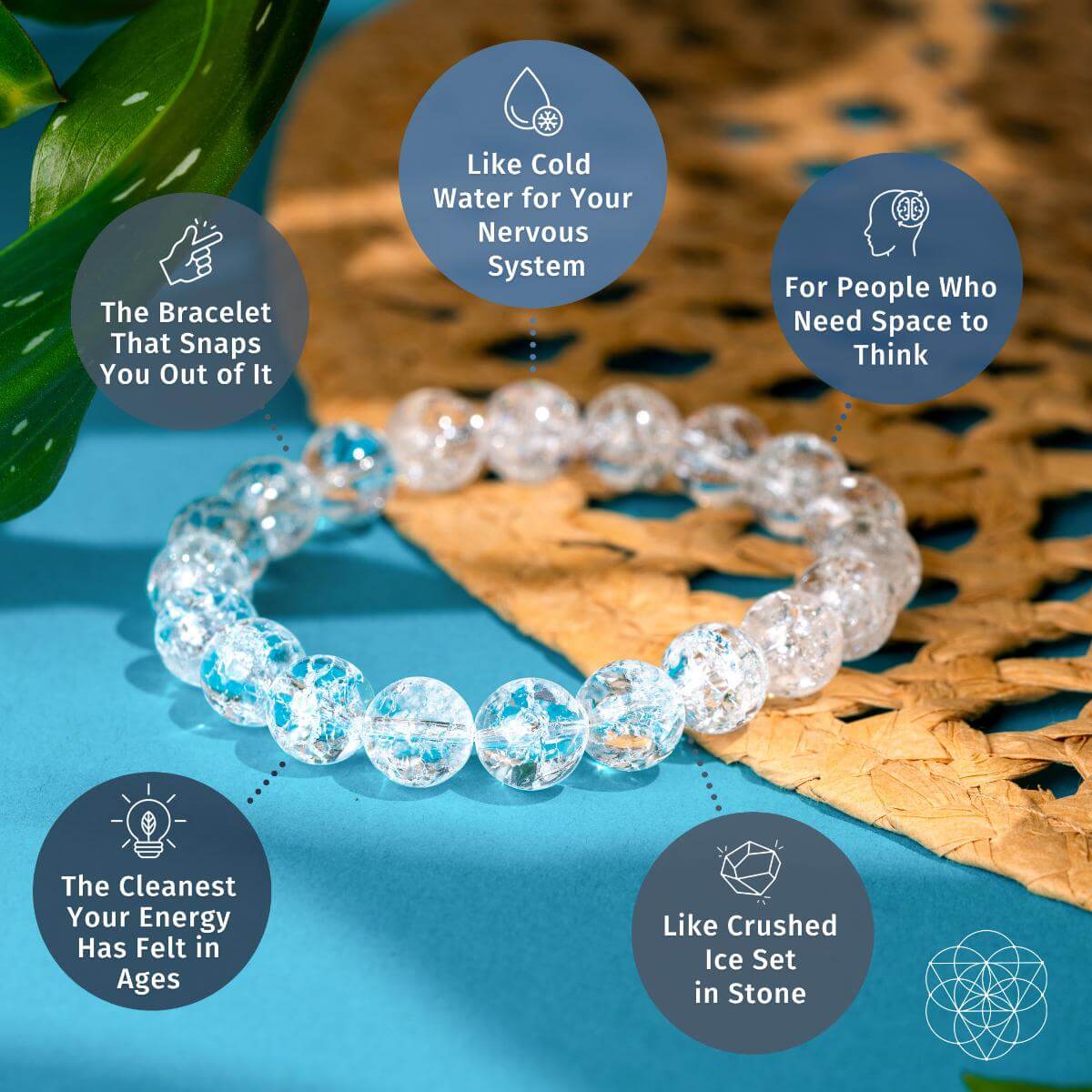 The Emotional Ice Bath – The Ice Quartz Bracelet by Conscious Items rests on a woven mat, blue circles showcasing benefits like emotional clarity, nervous system refreshment, and energy cleansing—a reset stone with a green leaf nearby.