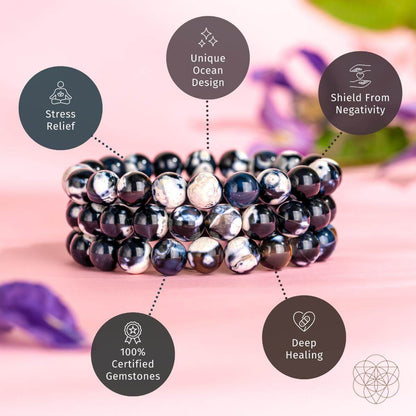Three Exotic Orca Agate Bracelet of Deep Healing pieces from Conscious Items are stacked on a pink surface, with icons showcasing stress relief, unique ocean-inspired design, certified gemstones, deep healing, and protection from negativity.