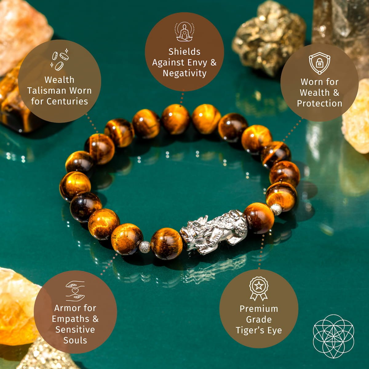 Fortune Flows - Tiger’s Eye & Pixiu Bracelet by Conscious Items features a silver Pixiu charm, crystal beads, and offers five benefits: wealth talisman, negativity shield, empath armor, premium grade stones, and powerful protection.