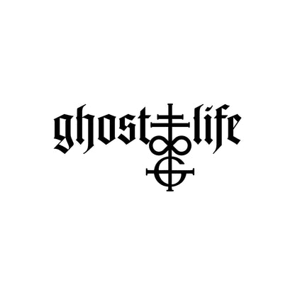 The "Ghost Life" vinyl decal by GorgeousDragon Designs LLC. features black gothic-style text with an ornate vertical cross/infinity symbol on a white background. Weatherproof and fade resistant for lasting style.