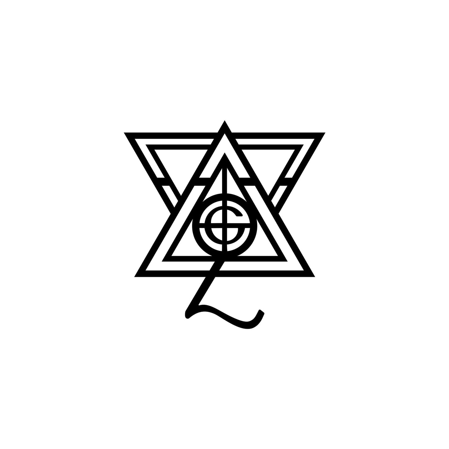A geometric black-and-white design with overlapping triangles, a central circle, and a stylized SÃ¢â‚¬â€ ideal as a Papa Ghouls vinyl decal by GorgeousDragon Designs LLC., crafted from outdoor-grade vinyl.