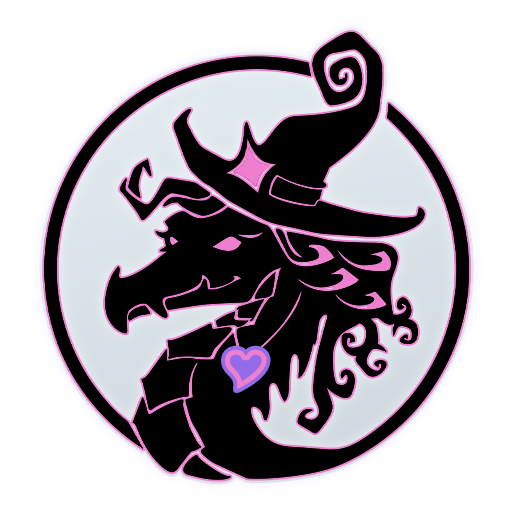 Black silhouette of a witch with pink accents on a light gray background