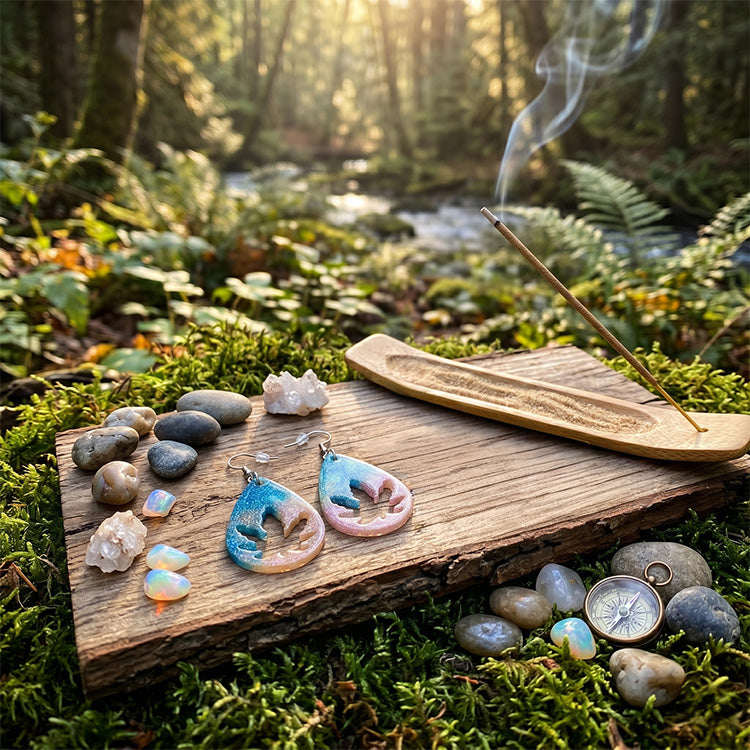 Celestial blue and pink glitter earrings on wood surrounded by opals, crystals, and incense in a forest.