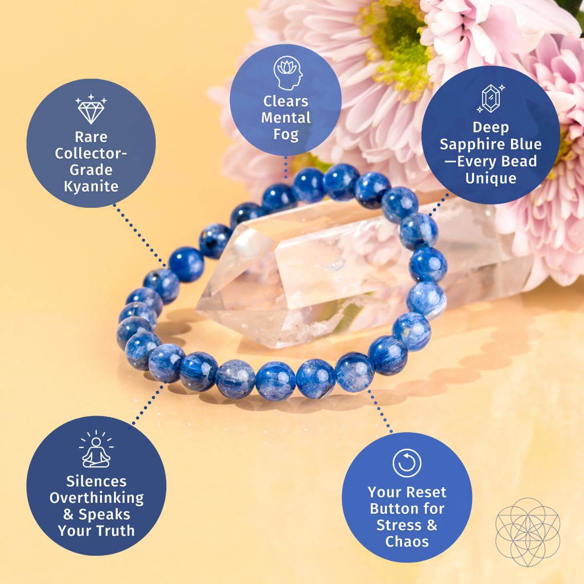 The My Truth, My Power – Rare Kyanite Bracelet by Conscious Items lies on a clear crystal amid pink flowers. Four circular bubbles note its benefits: rare collector-grade, clears mental fog, deep blue beads, and throat chakra alignment.