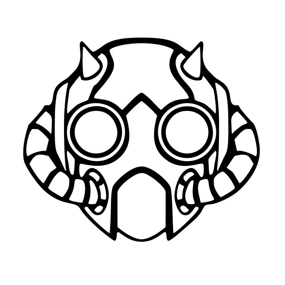 Black and white mask design with circular eyes and curved mouth on a white background