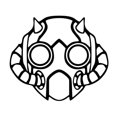 Black and white mask design with circular eyes and curved mouth on a white background