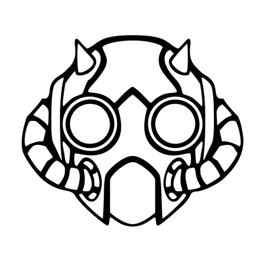 Black and white mask design with circular eyes and curved mouth on a white background