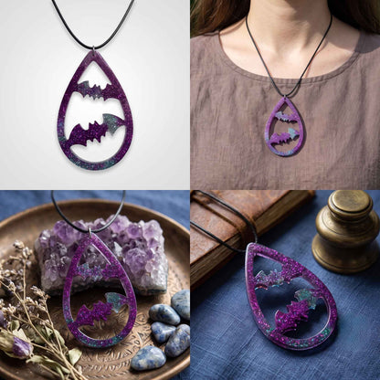 A four-panel collage showing a teardrop-shaped pendant necklace worn by a person and displayed in styled settings. The pendant has a glittery purple and green background with bat-shaped cutouts and a small dragon motif.