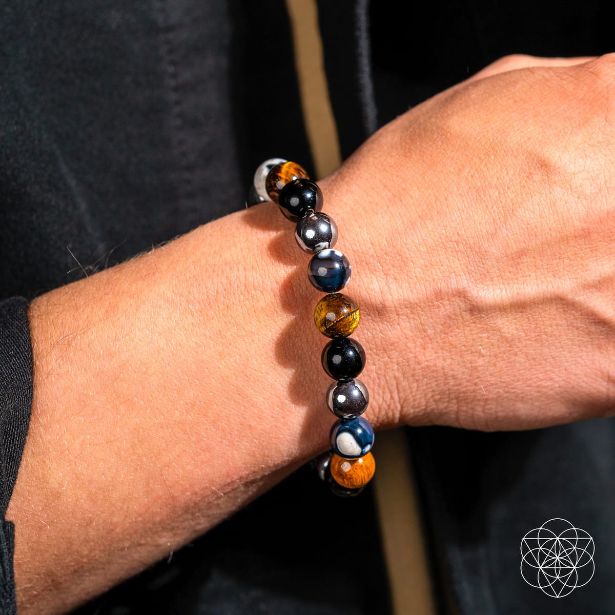 A close-up of a wrist wearing Conscious Items’ Orca’s Armor - The Triple Protection & Healing Bracelet, featuring polished Orca Agate beads in black, brown, blue, and gray; geometric white logo at bottom right against a black jacket.