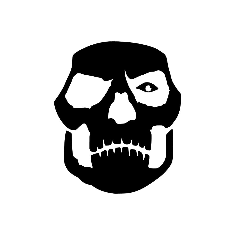 The Band Ghost Decals by GorgeousDragon Designs LLC. feature a black and white human skull with one irregular eye socket and a wide-open eye, perfect for heavy metal car graphics or bold vinyl decor on a plain white background.