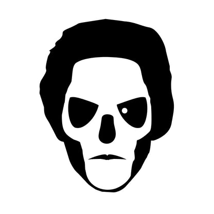 A black and white illustration of a face merging human and skull features, inspired by heavy metal car graphics, with hollow eyes and dark hair. "The Band Ghost Decals" by GorgeousDragon Designs LLC. on a plain white background.